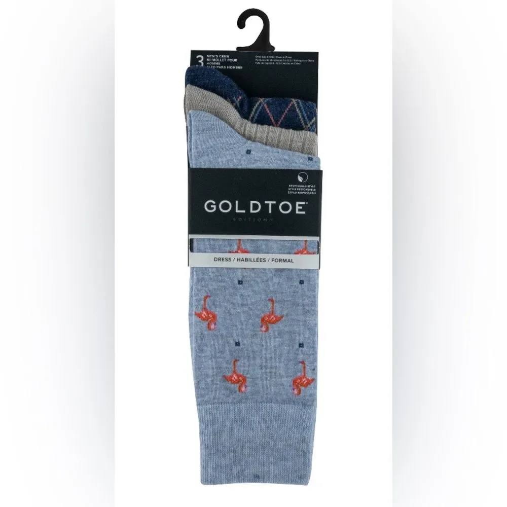 GOLDTOE NEW Men's Dress Crew Socks 3-pack Size 6-12.5 Office Flamingo Argyle